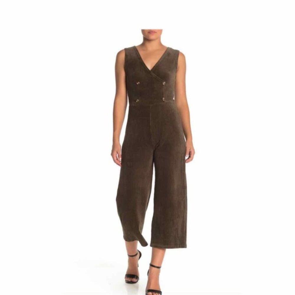 ANGIE Green Corduroy Cropped Jumpsuit‎ Small NWT Stretch Surplice Button Boho - Picture 4 of 9